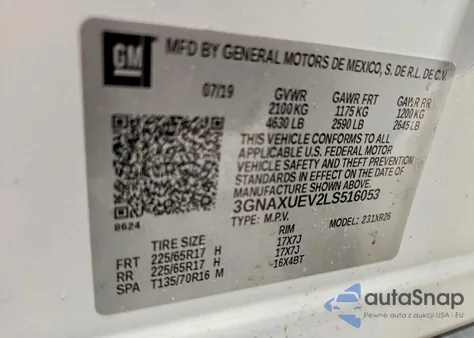 2020 Chevrolet Equinox Lt z USA, uszkodzony, nr VIN 3GNAXUEV2LS516053